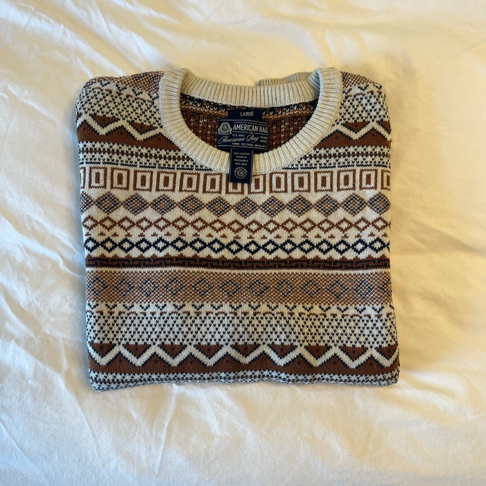 American Rag Men's Brown and Cream Patterned Crewneck Sweater